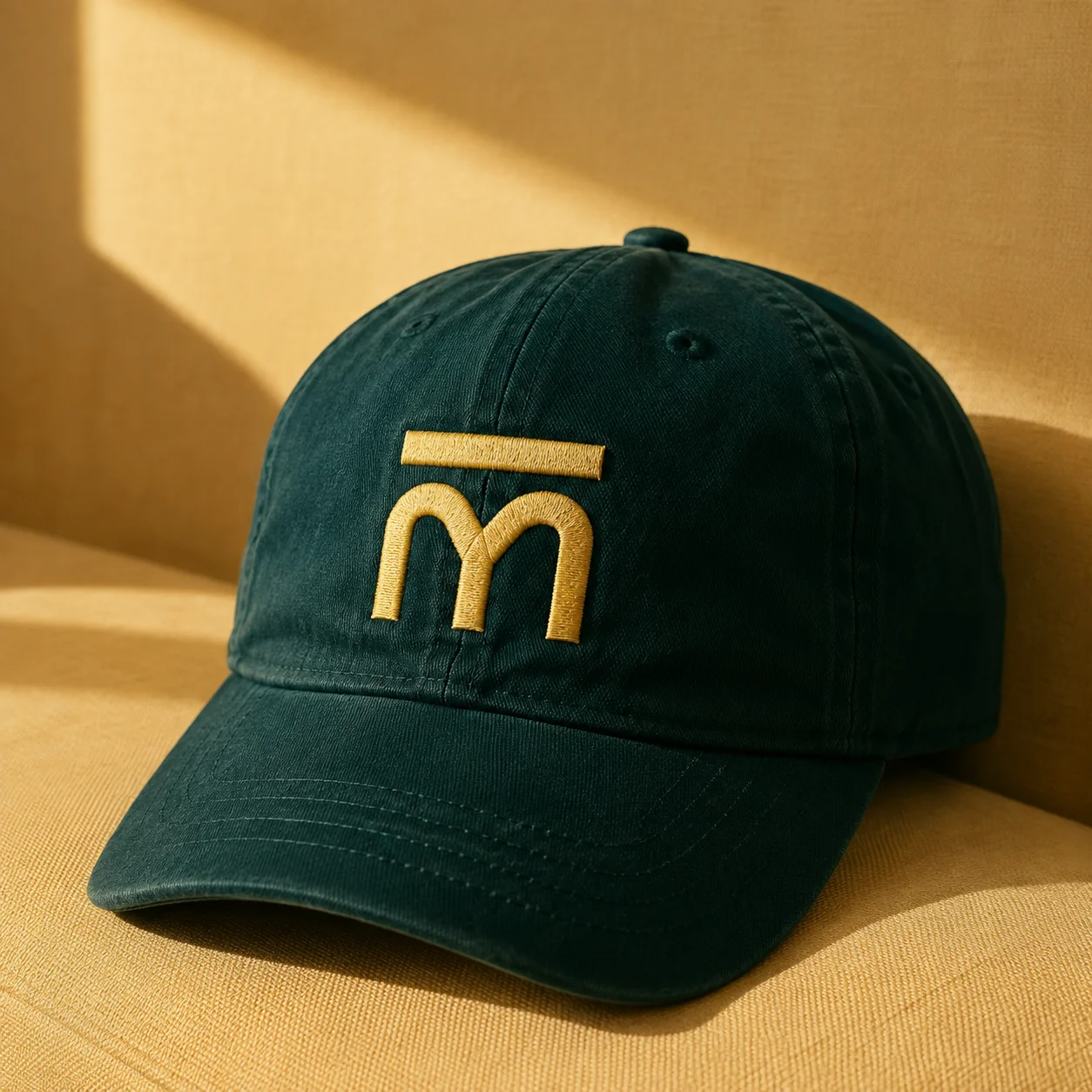 Estudo visual de um boné verde com o símbolo do Mesa 34 bordado em amarelo.